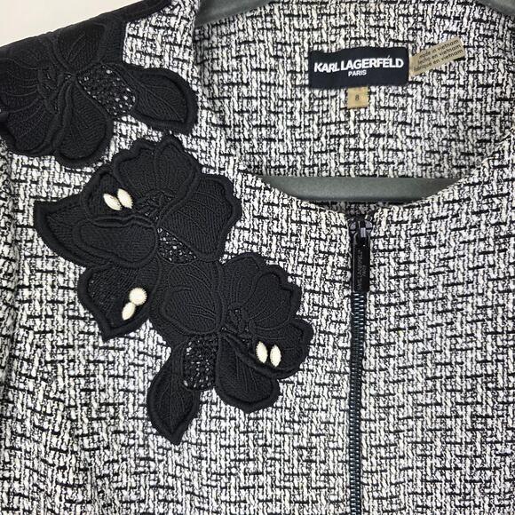 Karl Lagerfeld Paris Tweed Jacket with Contrast Appliques & Pearl Drops, Size 8 - Picture 9 of 12